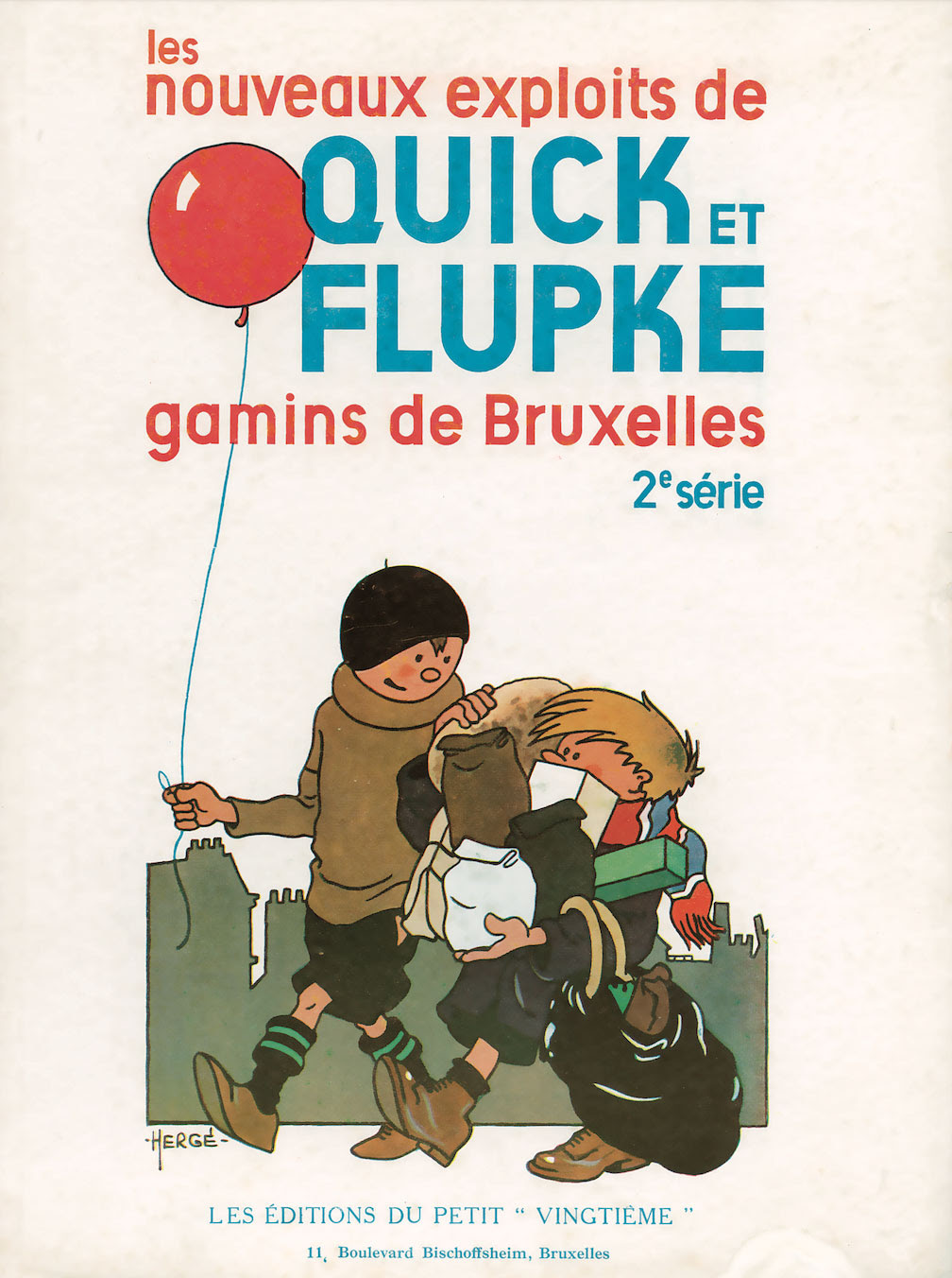 La couverture de la BD Quick and Flupke les représentant, l'un tenant un ballon rouge et l'autre avec de nombreux paquets dans les bras