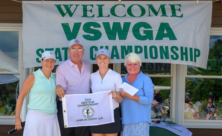 Jen Steck, VSWGA Tournament Chair, Mike Swim, Champlain CC Pro, Hailey Katona, Champion, VSWGA President Linda Jane Parson