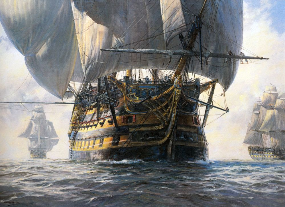 Oil painting of frigate.