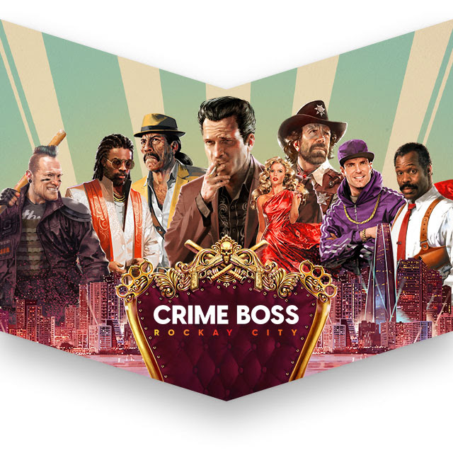 The celebrity cast of Crime Boss: Rockay City posing atop a city skyline and a velvet chair with gold embellishments and the game's logo.