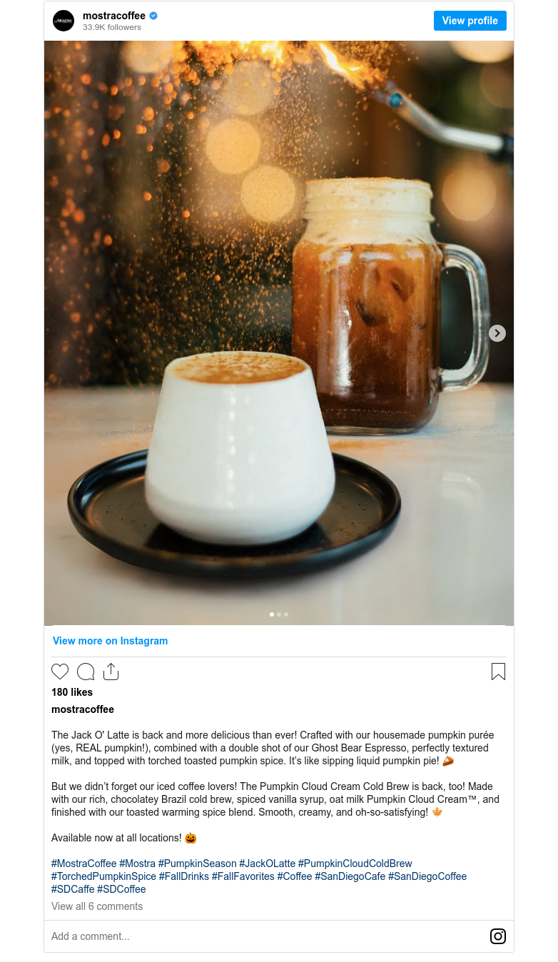 Mostra Coffee on Instagram: "The Jack O' Latte is back and more delicious than ever! Crafted with our housemade pumpkin purée (yes, REAL pumpkin!), combined with a double shot of our Ghost Bear Espresso, perfectly textured milk, and topped with torched toasted pumpkin spice. It’s like sipping liquid pumpkin pie! 🥧  But we didn’t forget our iced coffee lovers! The Pumpkin Cloud Cream Cold Brew is back, too! Made with our rich, chocolatey Brazil cold brew, spiced vanilla syrup, oat milk Pumpkin Cloud Cream™, and finished with our toasted warming spice blend. Smooth, creamy, and oh-so-satisfying! 🍁  Available now at all locations! 🎃  #MostraCoffee #Mostra #PumpkinSeason #JackOLatte #PumpkinCloudColdBrew #TorchedPumpkinSpice #FallDrinks #FallFavorites #Coffee #SanDiegoCafe #SanDiegoCoffee #SDCaffe #SDCoffee"