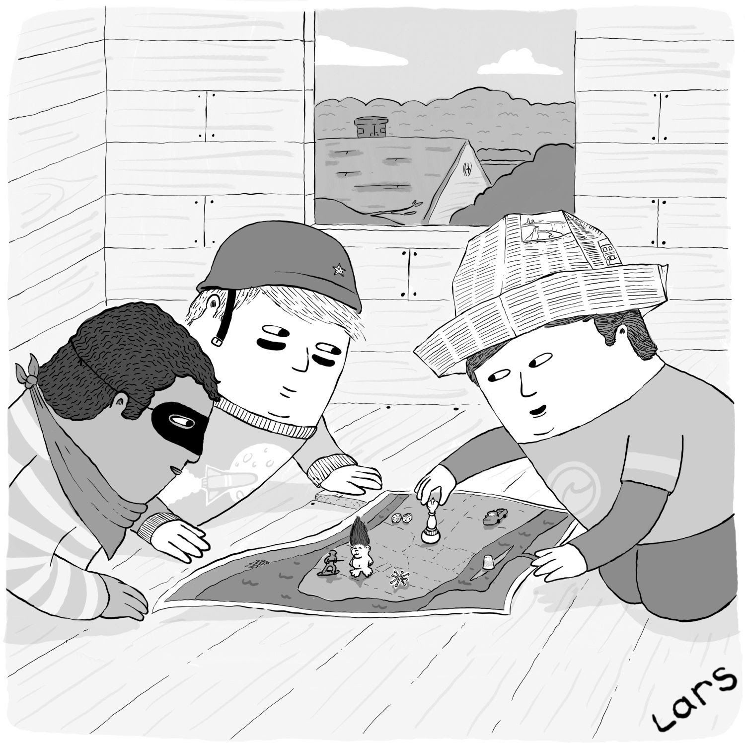 Three children in makeshift military uniforms are gathered around a map, plotting.