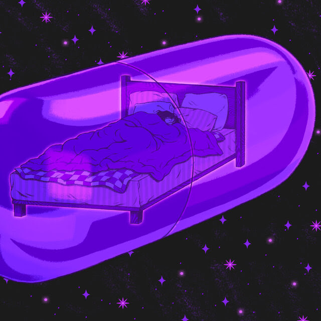 illustration of a person sleeping on a bed; they are encased in an oval pill; the pill floats in a night sky