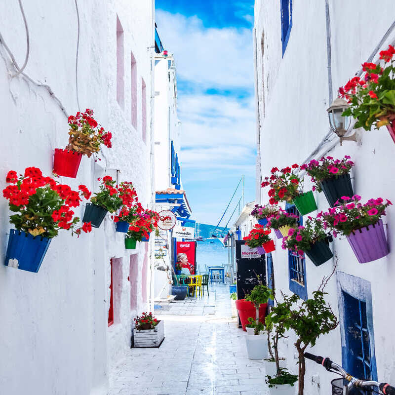 Whitewashed Old Town In Bodrum, A Historic City On The Aegean Coast Of Turkiye, Western Asia