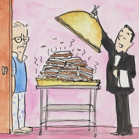 A cartoon of a man looking unimpressed while a waiter lifts a cloche of a plate of excrement.
