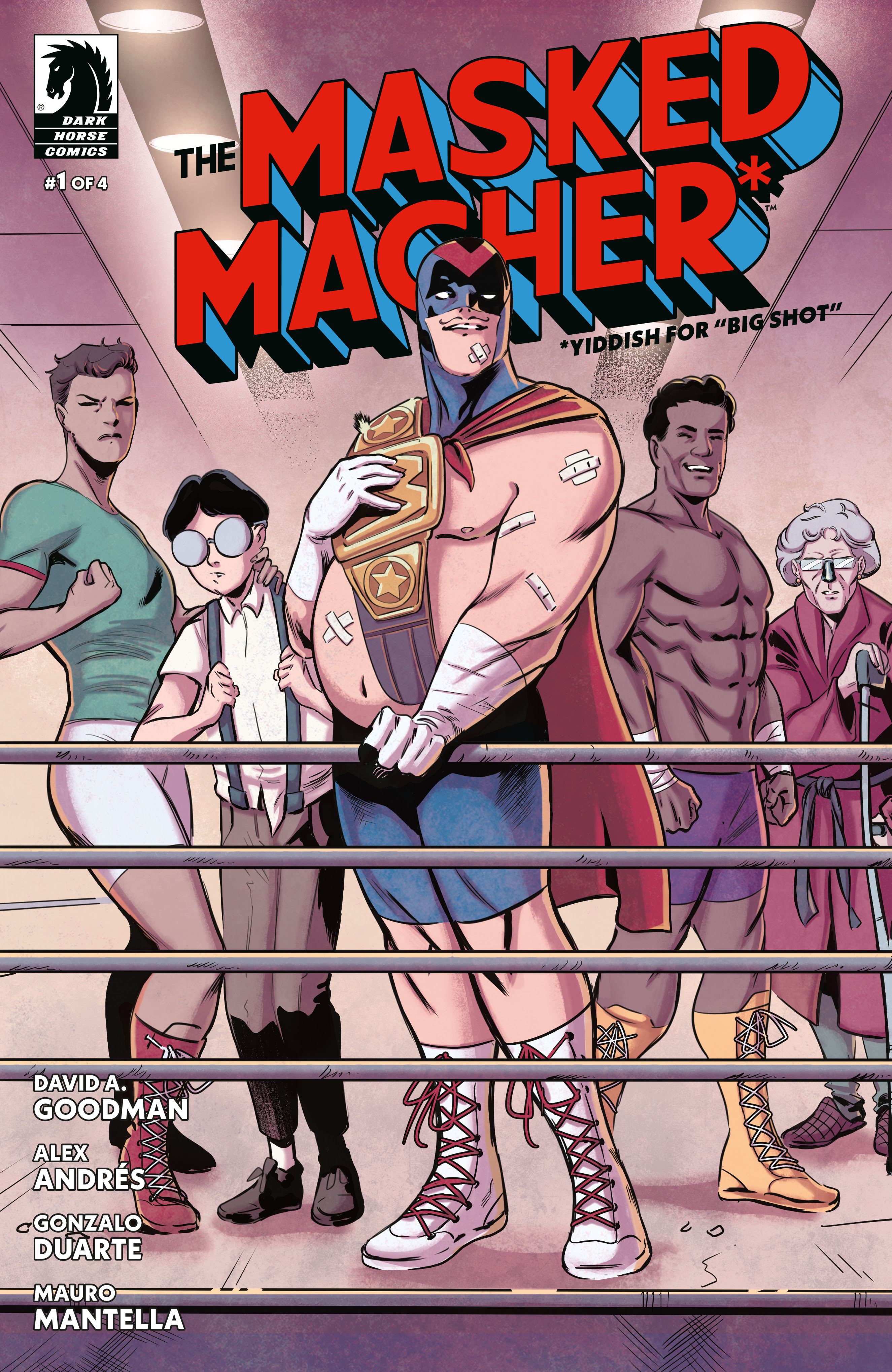 Five figures stand in a boxing ring. Central is a large masked white man holding a wrestling belt and the rest from left to right are a skinny, tall, white boy, a scrawny white nerd-coded person, a muscular black man, and a short, white-haired white woman.
