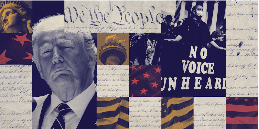 collage featuring text we the people, Donald Trump, Statue of Liberty, and protesters