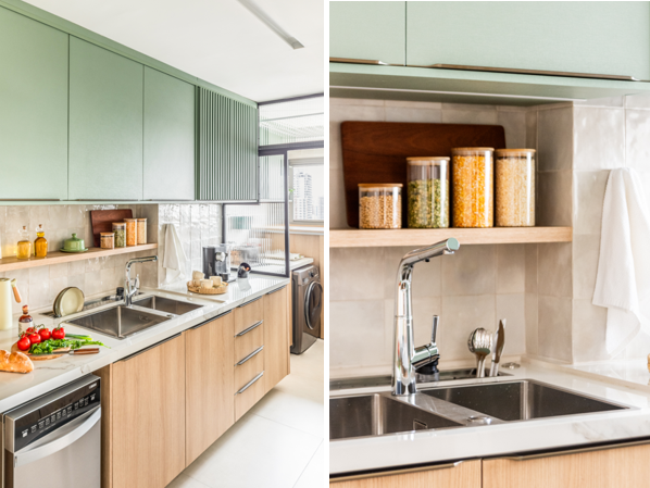 Na cozinha do seu apartamento, o arquiteto Bruno Moraes combinou a especificação de duas cubas de inox com calha úmida | Projeto do BMA Studio | Foto: Guilherme Pucci