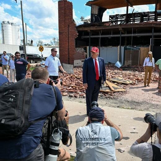 Former US President and Republican presidential candidate Donald Trump delivers remarks to the press in the aftermath of powerful storm Helene at Chez What furniture store in Valdosta, Georgia, September 30, 2024. (Photo by CHANDAN KHANNA / AFP)