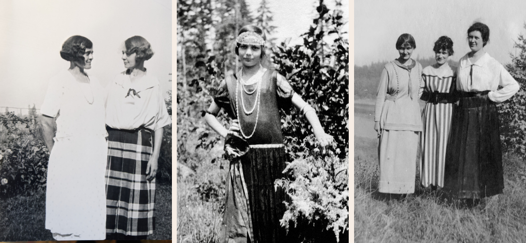Three photographs, all black and white. The one on the right is of Clara and Cora Wilmot, twins, looking at each other. The middle one is a young girl dressed as a flapper. And the one to the right is three young women in longer skirts/dresses outside.