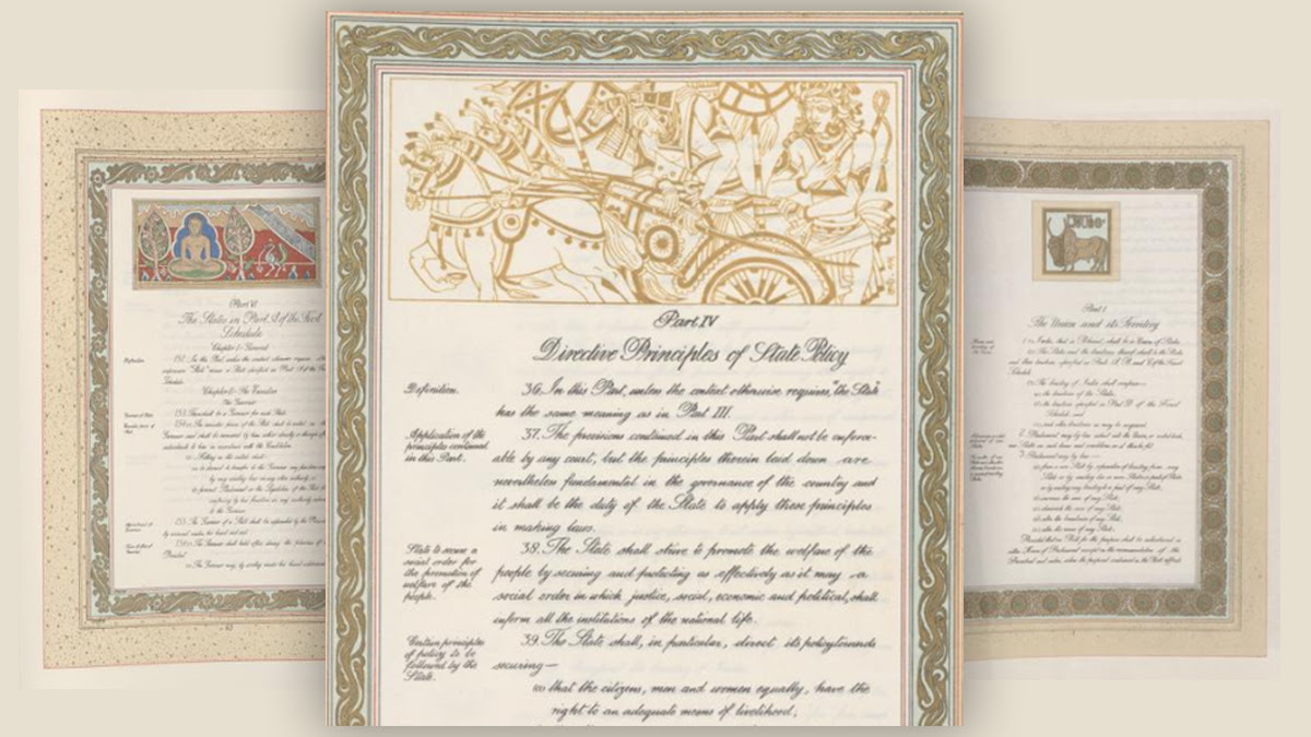 The paintings of Lord Buddha, Krishna and Arjun and Bull, in the Constitution | Courtesy: US Library of Congress