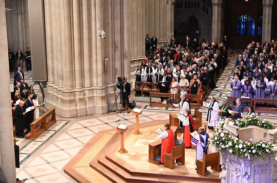 President Donald Trump and Vice President JD Vance, left, attend the national prayer service at the Washington National Cathedral.