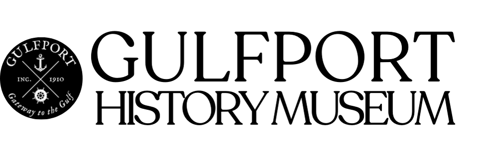 The Gulfport History Museum text logo. The City of Gulfport logo in white text in a black circle is to the left.