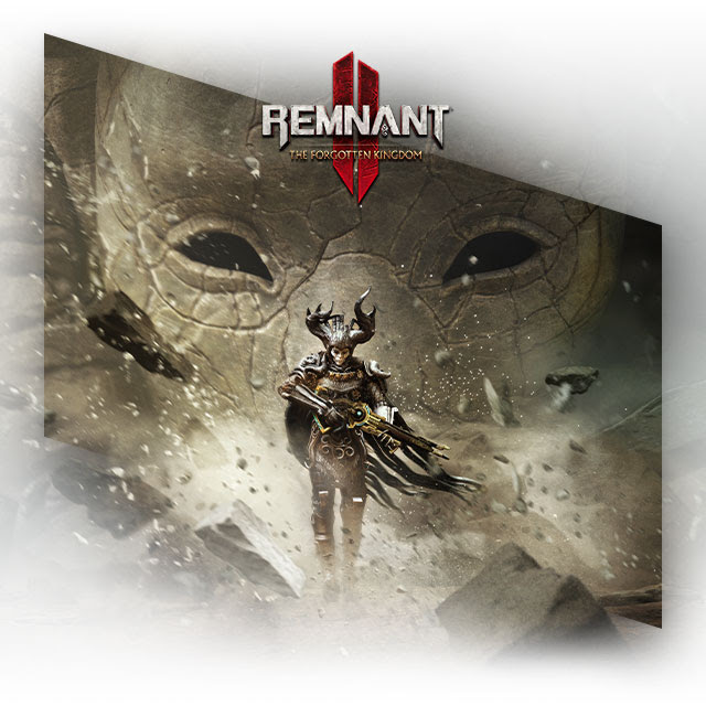REMNANT II key art featuring a character wielding a firearm walking through stone and rubble with a large, cracked mask in the background. REMNANT II: The Forgotten Kingdom logo overlay.