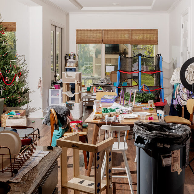 A cluttered room with a Christmas tree amid dozens of household items.