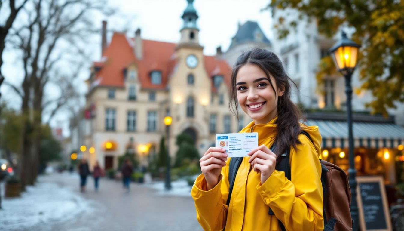 Un étudiant étranger tenant son visa étudiant devant un bâtiment universitaire en France.