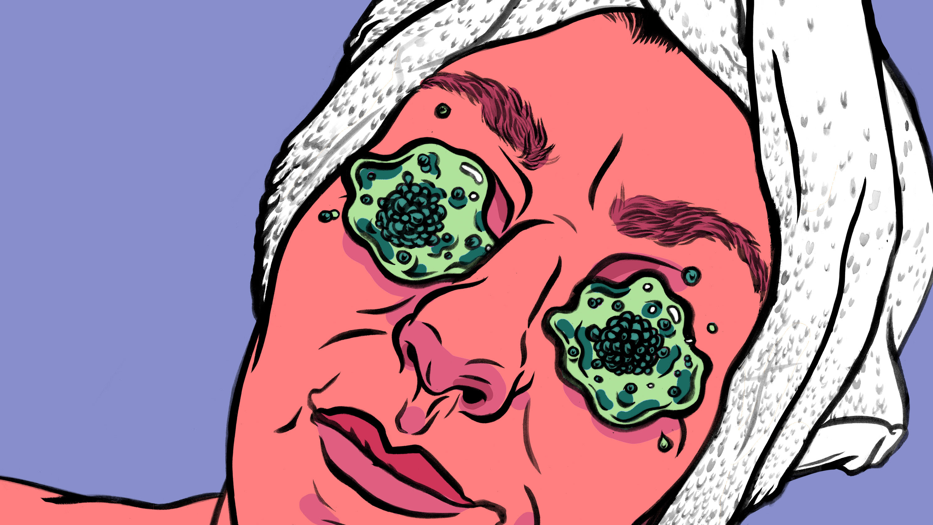 woman in a spa towel with green exosomes over her eyes instead of cucumbers