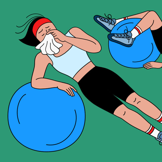 An illustration of two sick people exercising against a green background. One is blowing their nose while leaning on a blue exercise ball, and the other lies on the ground with a thermometer in their mouth, with feet up on a blue exercise ball. There is a red box of tissues between them.