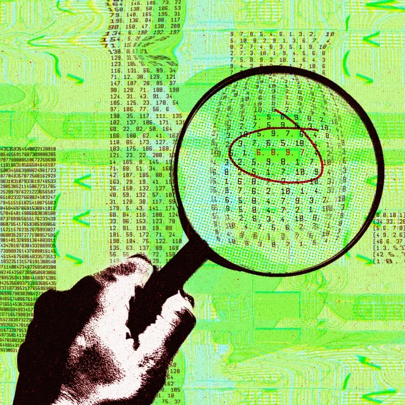 Graphic of magnifying glass over data set with errors circled.