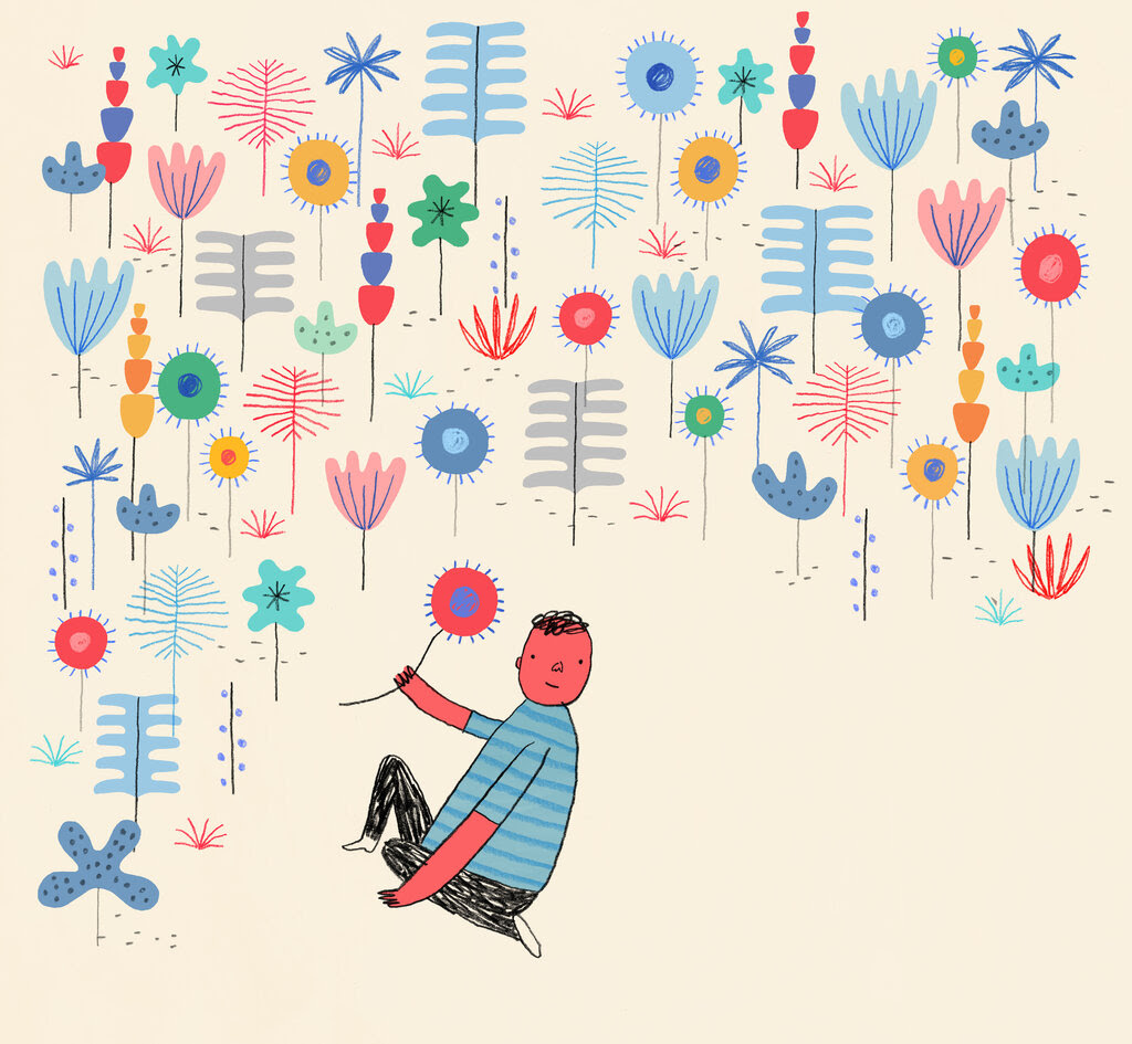 An illustration shows dozens of flowers, one being picked by a child. 