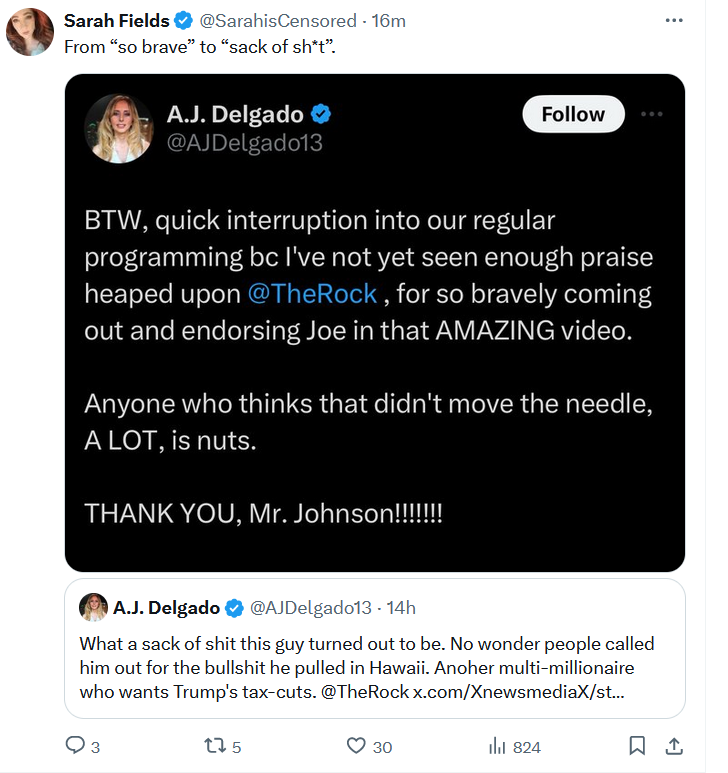 Hypocrite: AJ Delgado praises "the Rock" when he endorses Biden. Calls him a sack of shit when he stays neutral.