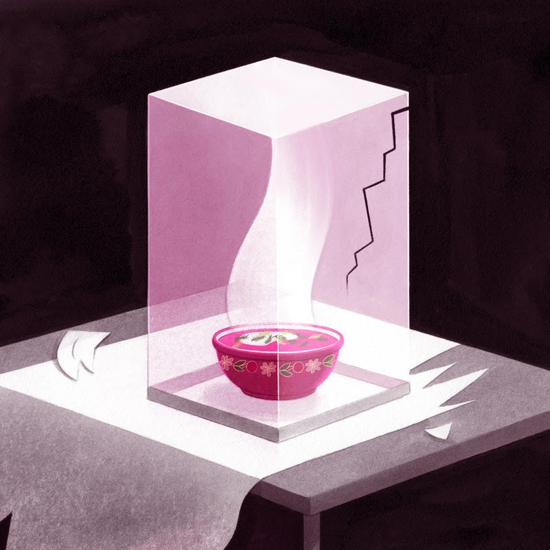 Illustration of a glass case displaying borscht soup.