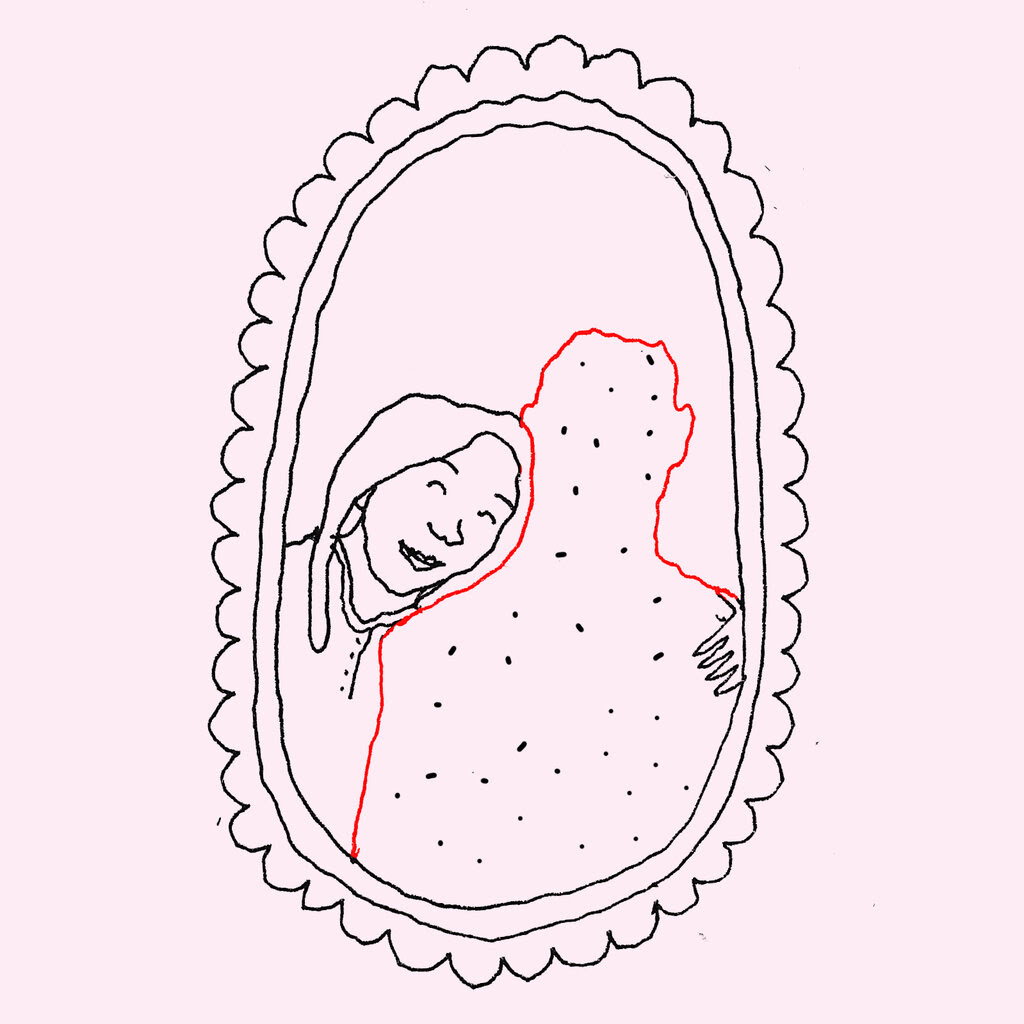 A cartoon of a woman hugging the outline of another person.