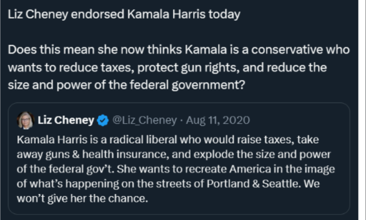 Hypocrite Liz Cheney supports Harris for President afterb lasting her.