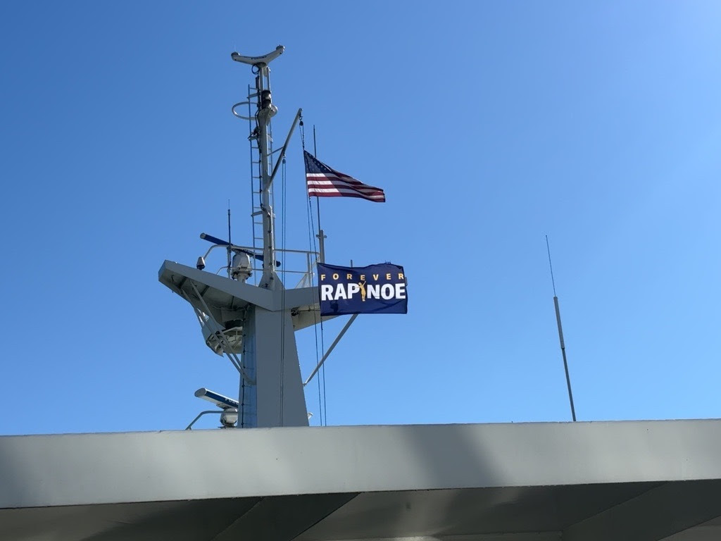 A “Forever Rapinoe” flag flies to commemorate Megan Rapinoe’s final regular-season home match at Lumen Field.