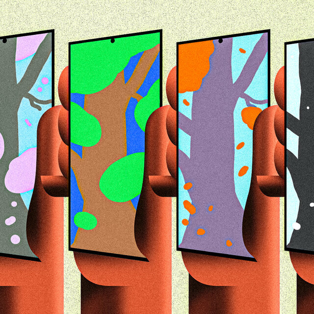 An illustration shows a row of four hands, each holding up a phone screen displaying a tree in a different season. From left to right, they go from spring to winter.