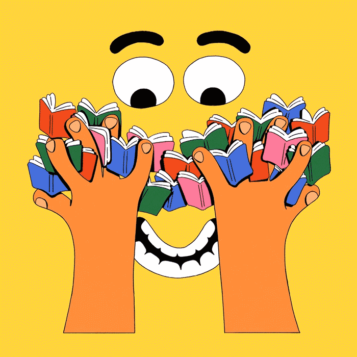 With a wide grin, cartoon face gazes at dozens of tiny books in their hands on a yellow background.