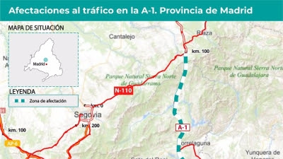 Cortes de tráfico desde el lunes en la A-1 entre Pedrezuela y Santo Tomé del Puerto por obras de reparación del firme