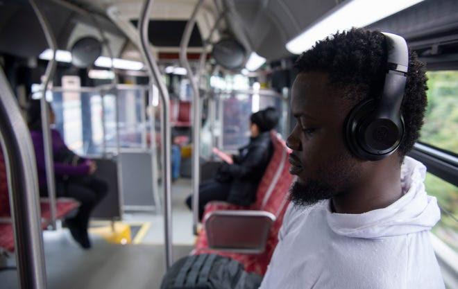 Lakysha Gooch, rides the bus in Nashville, Tenn., Thursday, Sept. 12, 2024.