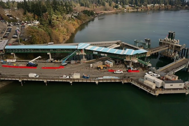 Aerial view of dock at Bainbridge terminal with existing and new overhead walkway in view