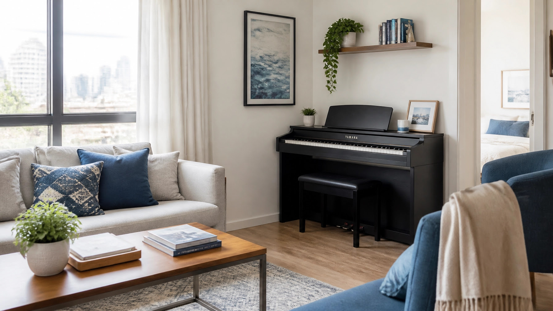 A modern, sunlit city apartment featuring a sleek digital piano in a cozy, organized corner. A modern, sunlit city apartment featuring a sleek digital piano in a cozy, organized corner.