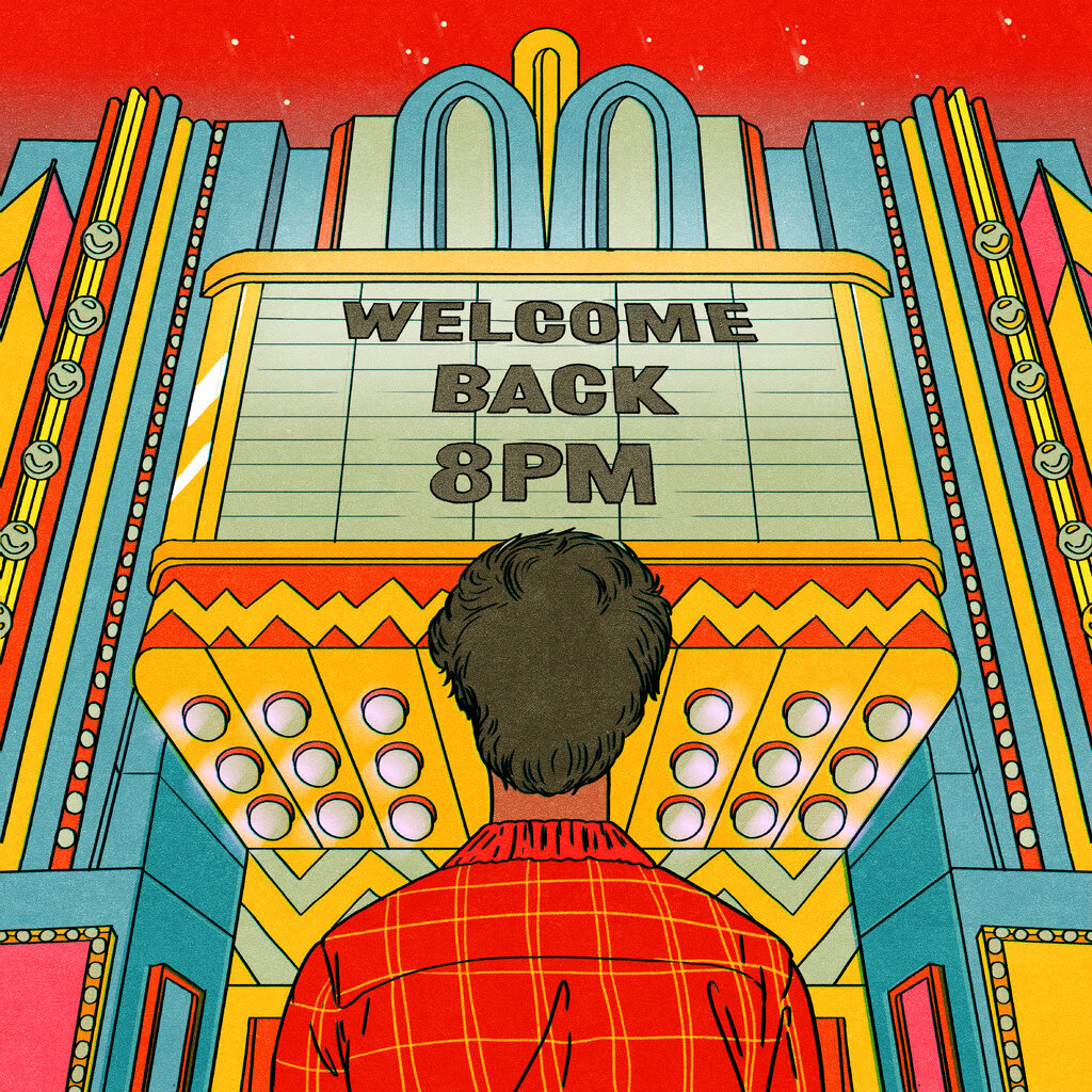 An illustration shows a person looking at a movie theater marquee that reads "Welcome Back 8PM."