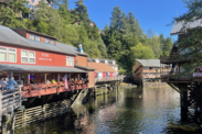 Historic buildings on stilts over the water  with clear blue skies and lush greenery in the background.