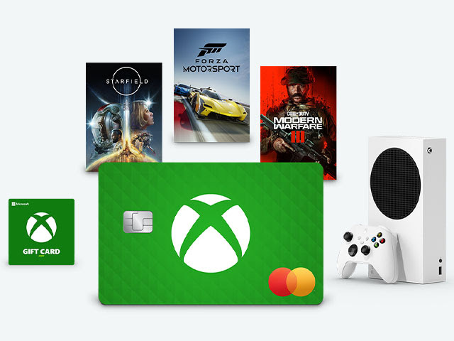 An Xbox Mastercard with box art from Starfield, Forza Motorsport, and Call of Duty Modern Warfare 3, along with an Xbox Series S, controller, and Xbox gift card.