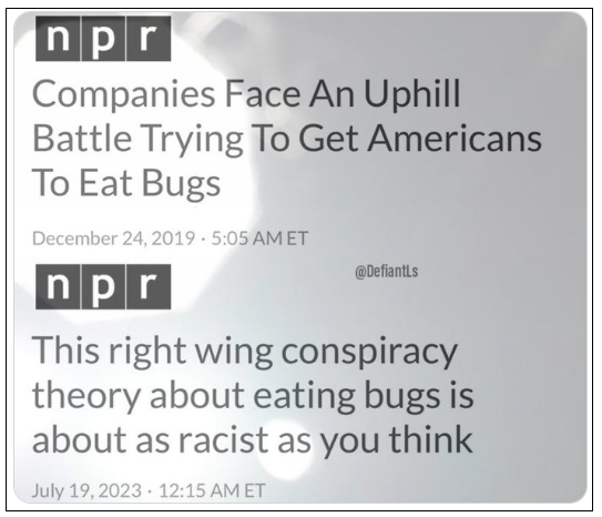 Hypocrite: NPR for beamoaning fact that people do not eat bugs, then calling them conspiracy theorists and racists.