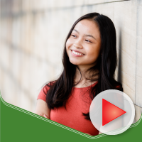 Image with a play button featuring a young woman leaning against a wall.