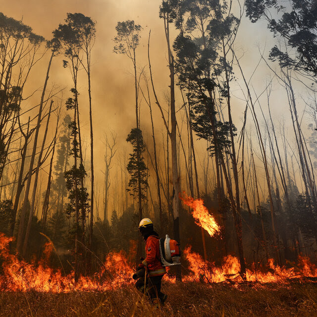 A blaze of orange flame covers the bottom of bare trees in the background as a firefighter walks in the foreground.