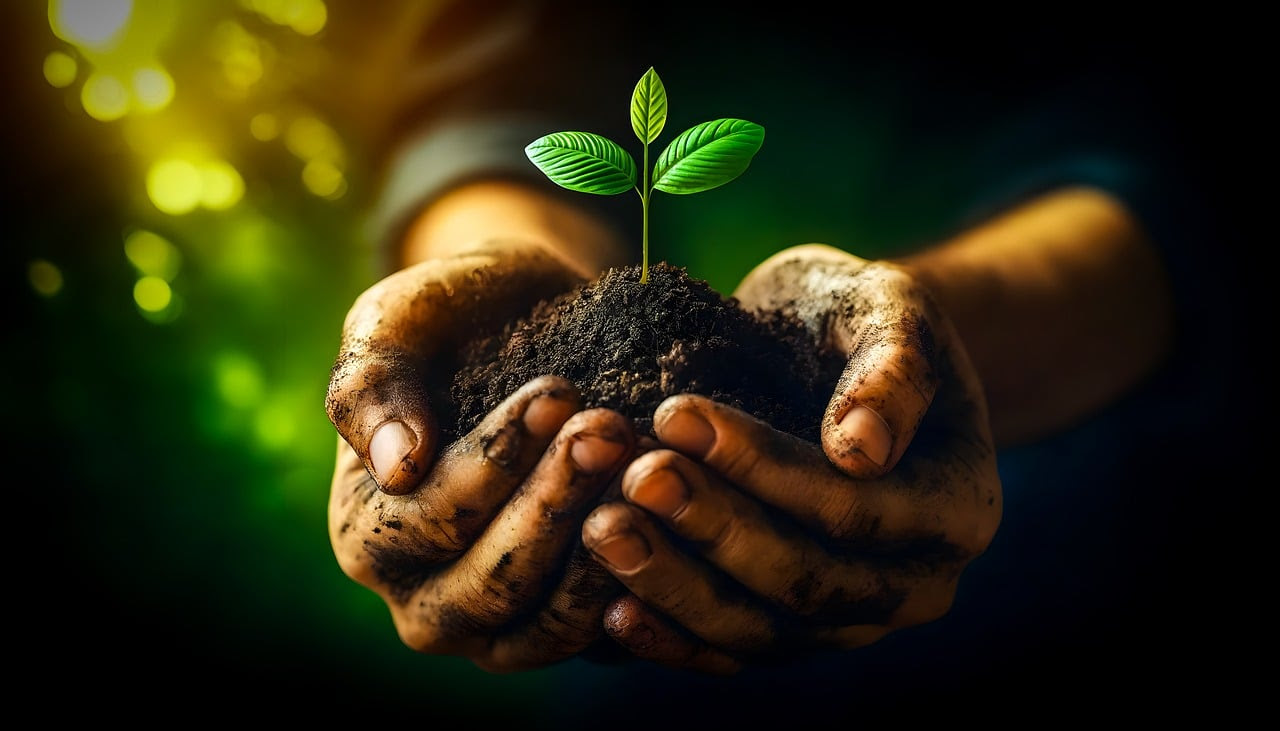 Pictured is a hand holding a small mound of dirt with a plant growing. Credits to Pixabay.com