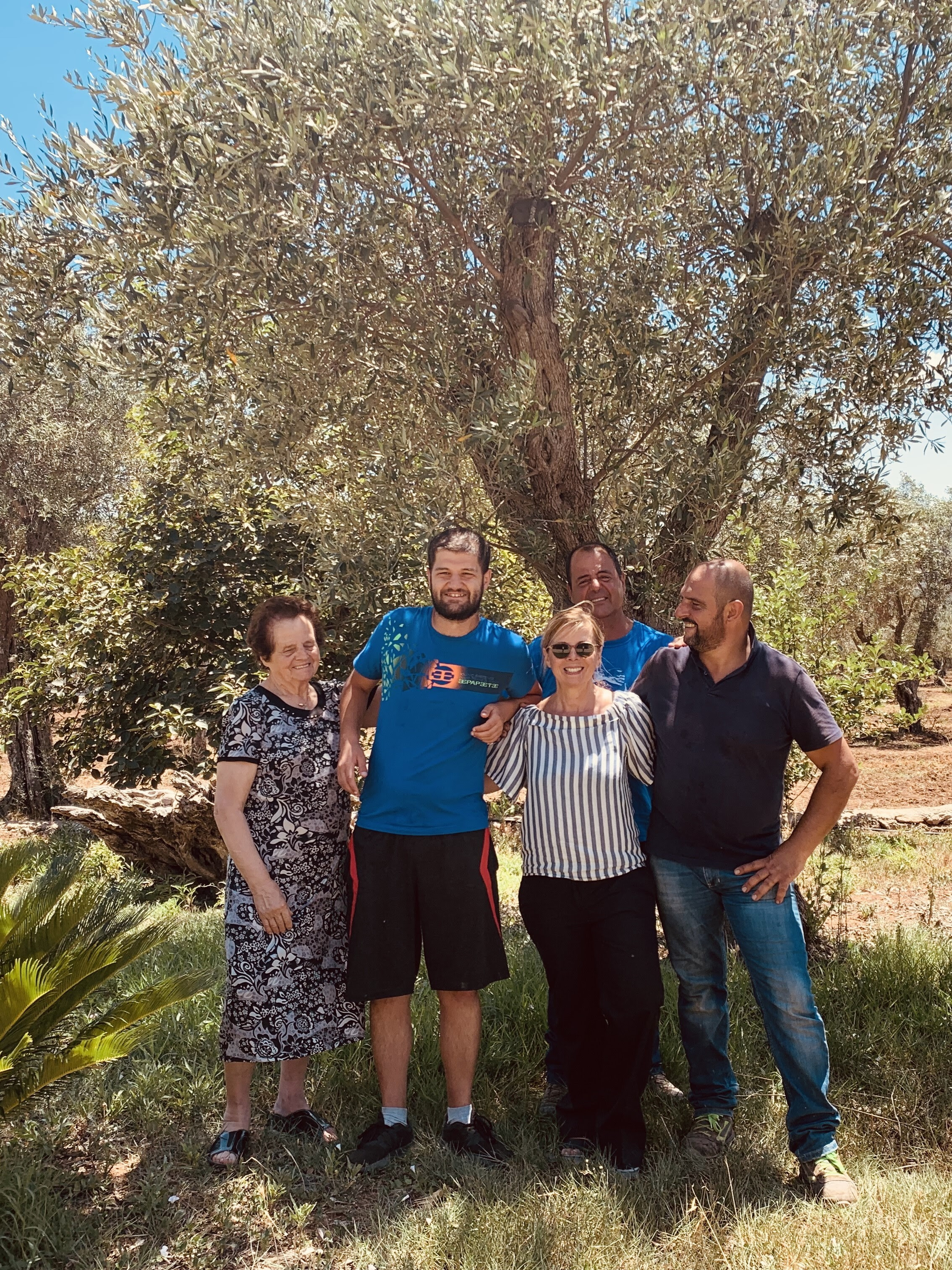 five people and olive tree