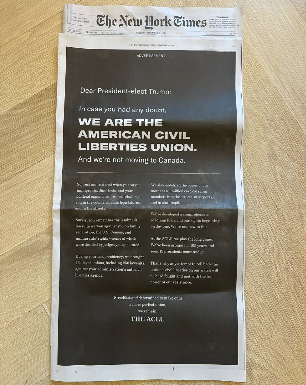 The ACLU full page ad in the New York Times.