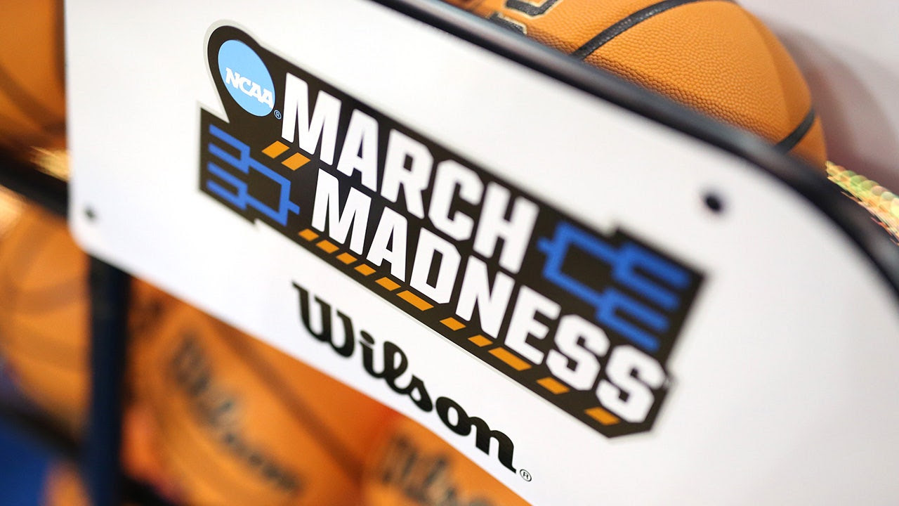 A view of an NCAA March Madness logo ahead of a game between the Colorado Buffaloes and the UCLA Bruins on Feb. 26, 2024, in Los Angeles. (Katharine Lotze/Getty Images)