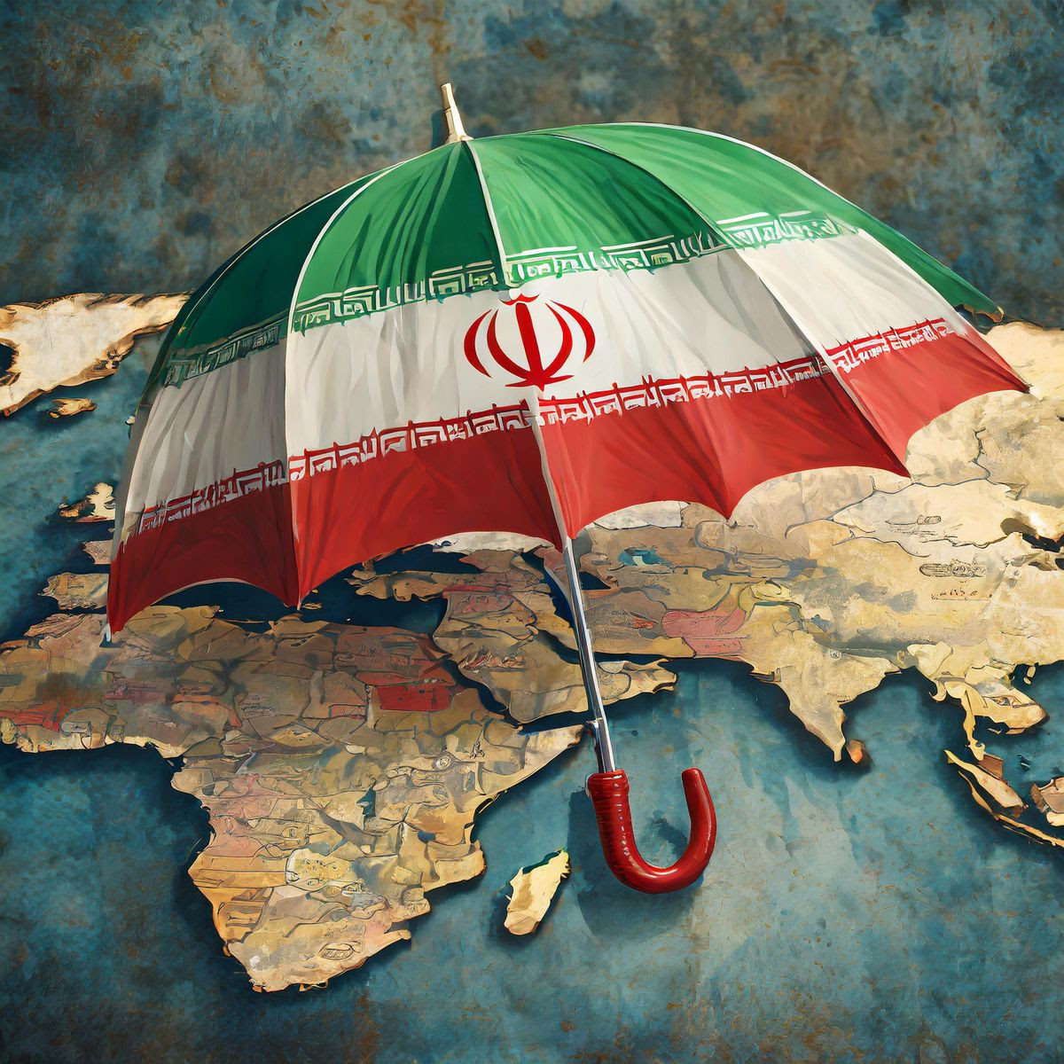 A picture of an Iran flag draped over the Middle East.