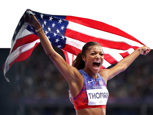 Gabby Thomas of Team USA celebrates winning a gold medal in the 200m Final at the Olympics.