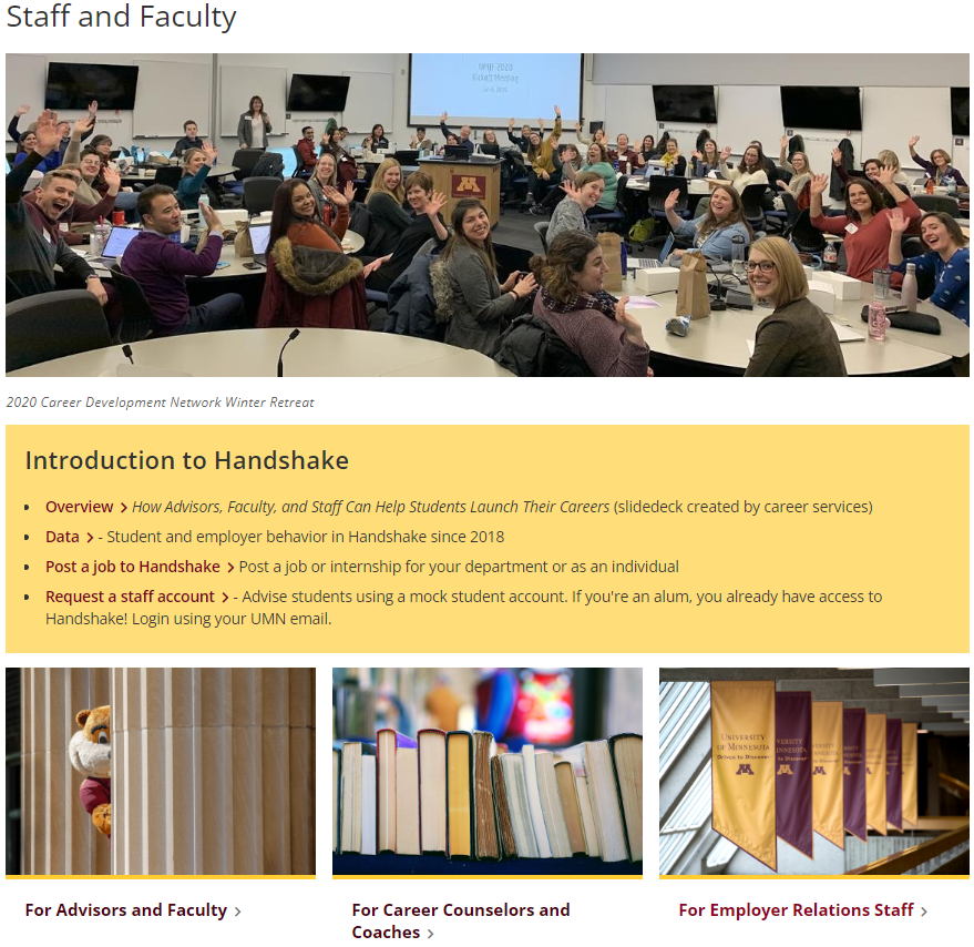 Screenshot of Staff and Faculty page on Handshake at UMN website