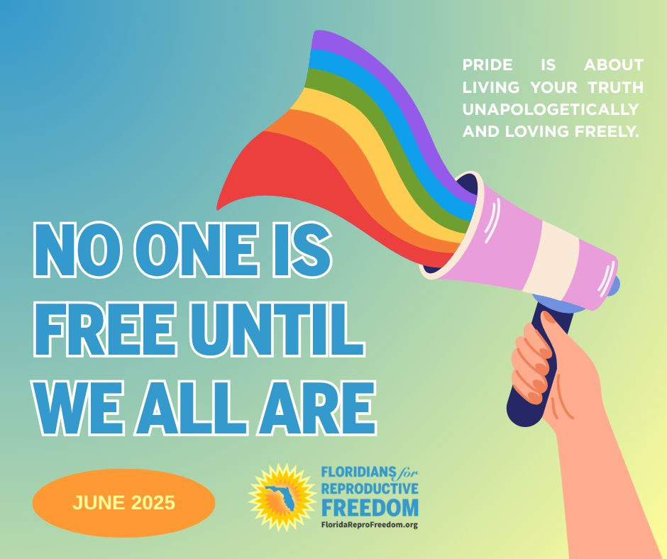 A Pride graphic with text, "No one is free until we all are." A hand holds a megaphone with trans colors and a pride flag coming out. 