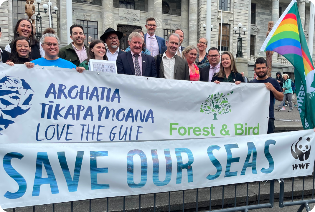 WWF-NZ, Forest & Bird, and Greenpeace Aotearoa deliver signatures to MPs, urging the reversal of harmful amendments to the Hauraki Gulf / Tīkapa Moana Marine Protection Bill.